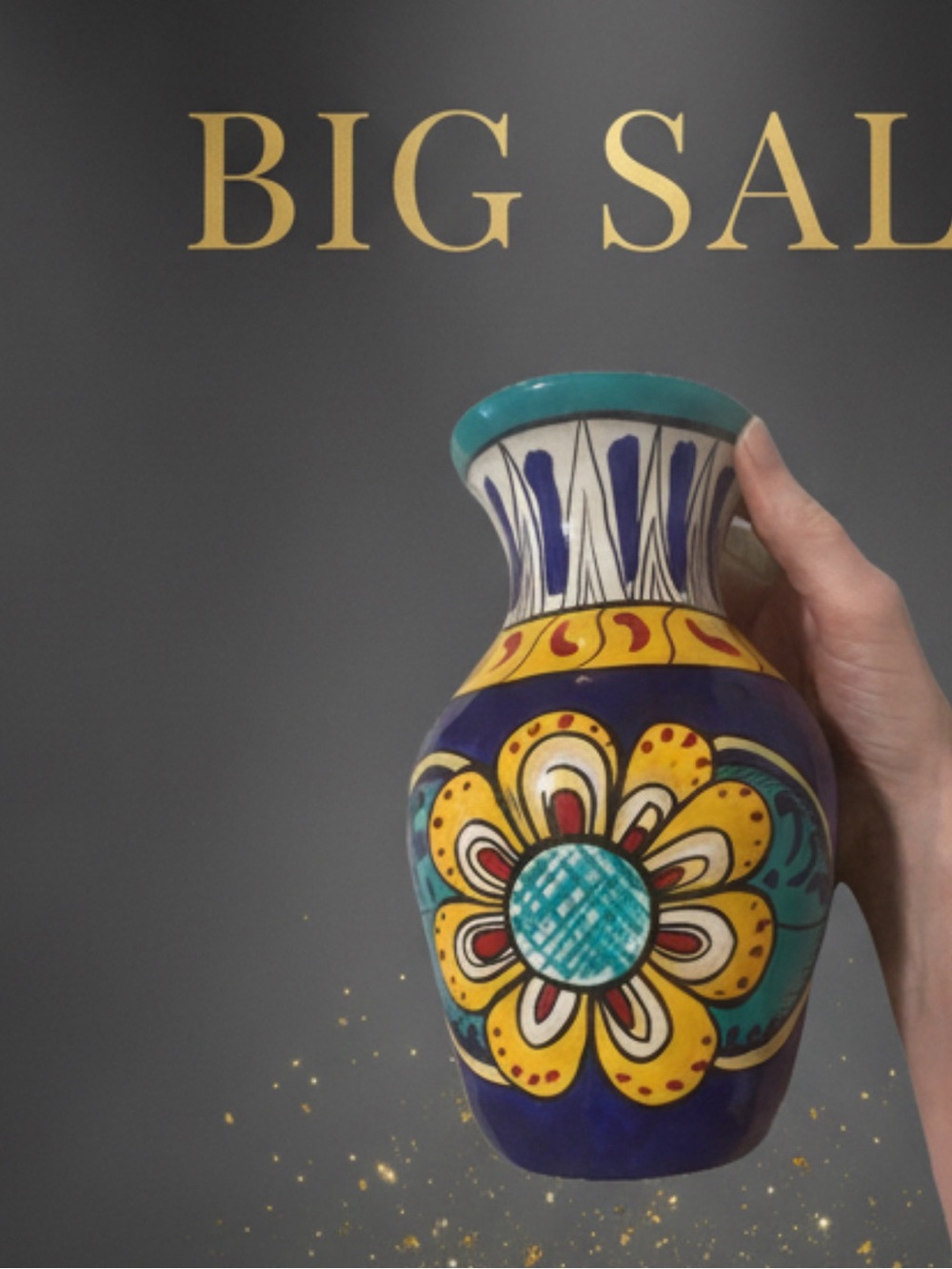 Vintage Latin Folk Art Pottery 8’ Terracotta Hand Painted Ethnic Floral Vase